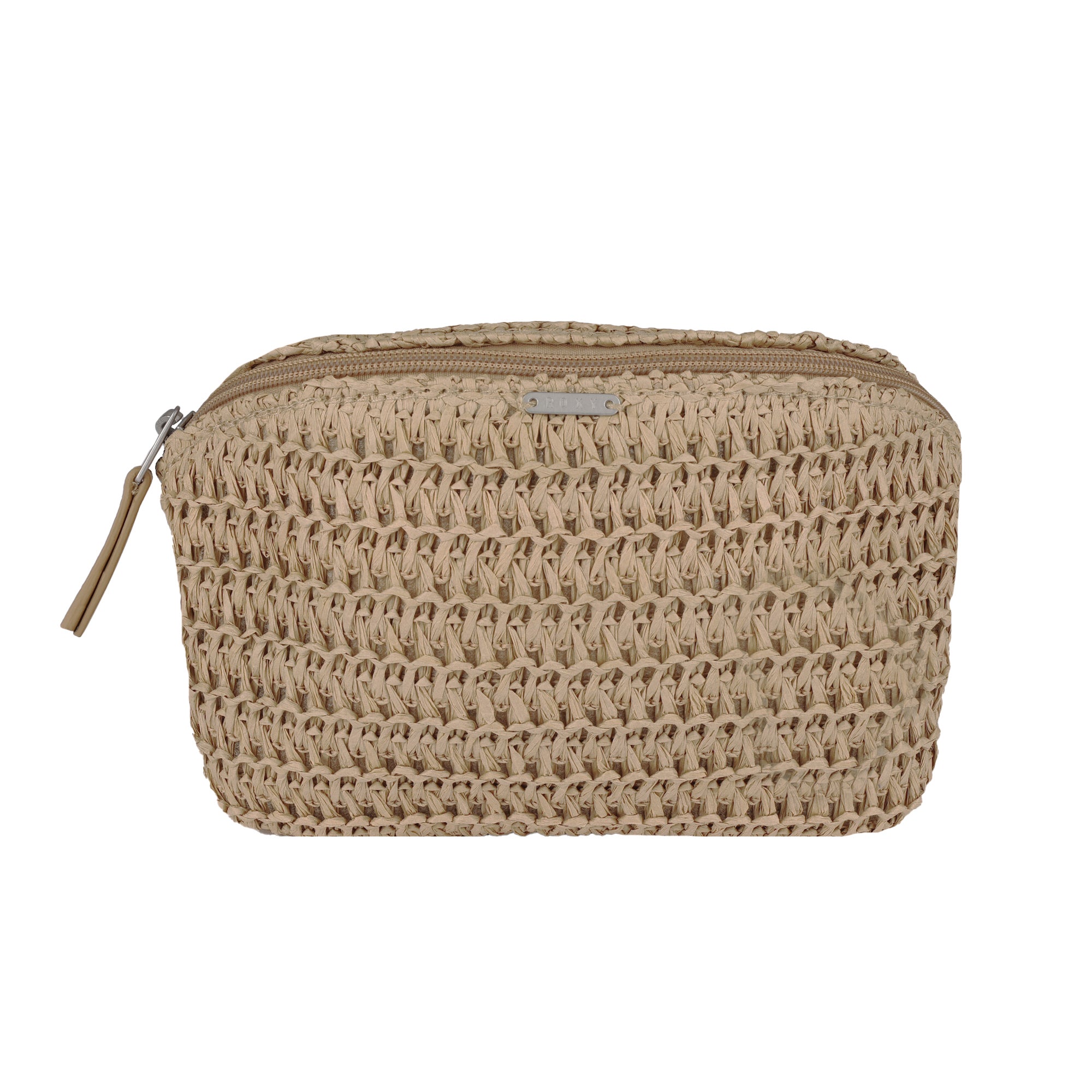 The Roxy Spotless Sunnies Fanny Pack is a beige, woven waist pack with a textured rectangular design, zipper closure with pull tab, and adjustable straps for convenient hands-free carrying.