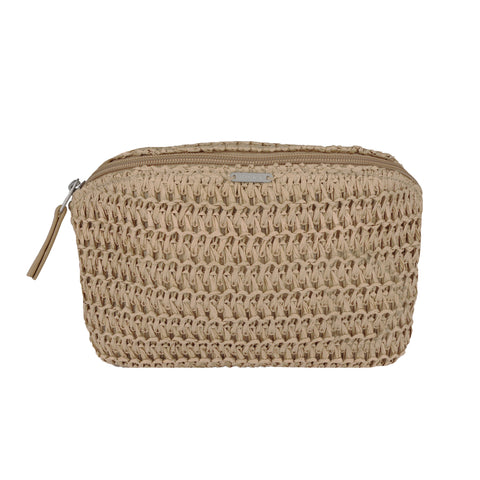 The Roxy Spotless Sunnies Fanny Pack is a beige, woven waist pack with a textured rectangular design, zipper closure with pull tab, and adjustable straps for convenient hands-free carrying.