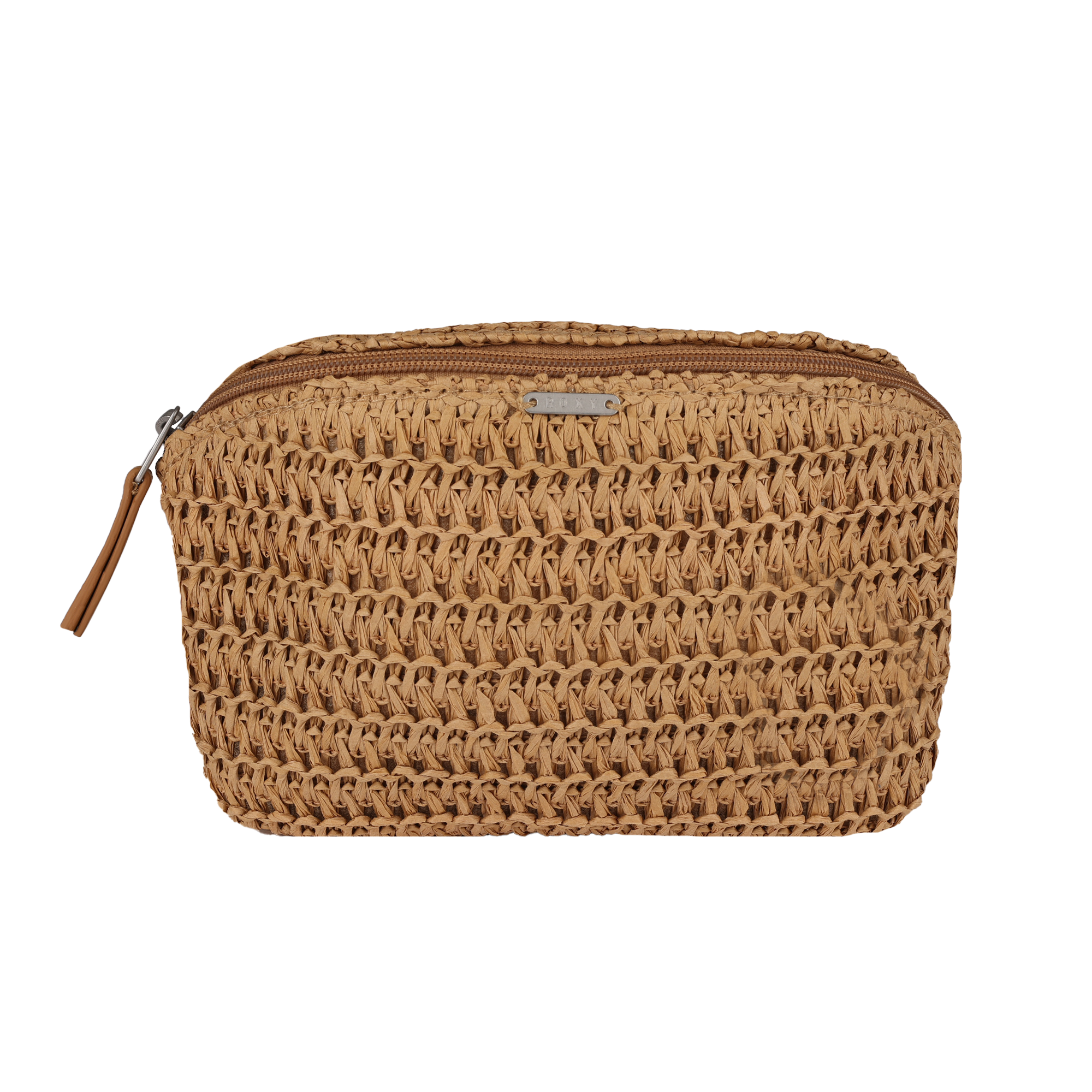 The Roxy Spotless Sunnies Fanny Pack is a small rectangular woven pouch with a zipper and leather pull, featuring a basket-like texture and front metal label. Enjoy hands-free convenience with this stylish waist pack.