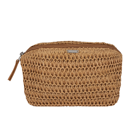 The Roxy Spotless Sunnies Fanny Pack is a small rectangular woven pouch with a zipper and leather pull, featuring a basket-like texture and front metal label. Enjoy hands-free convenience with this stylish waist pack.