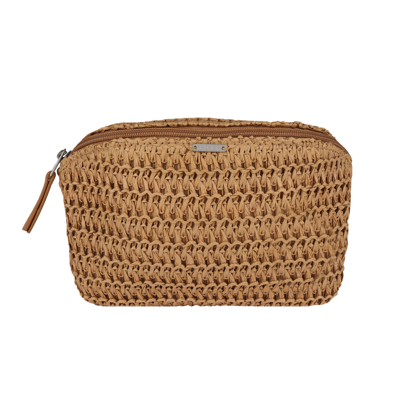 The Roxy Spotless Sunnies Fanny Pack is a small rectangular woven pouch with a zipper and leather pull, featuring a basket-like texture and front metal label. Enjoy hands-free convenience with this stylish waist pack.