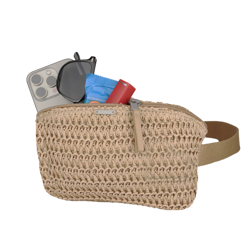 The Roxy Spotless Sunnies Fanny Pack in beige features a woven design and zipper, shown partially open to reveal a smartphone, black sunglasses, tissues, and a red lip balm—ideal for carrying your essentials hands-free and organized.