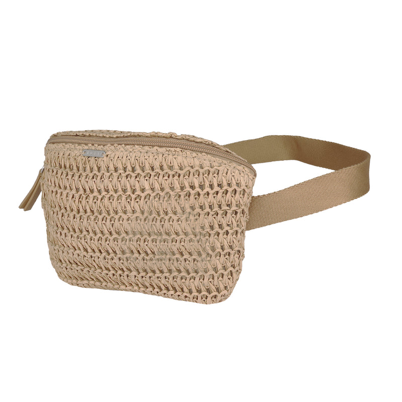The Roxy Spotless Sunnies Fanny Pack is a beige woven waist pack with a zippered top and adjustable straps, offering hands-free convenience, shown on a white background.
