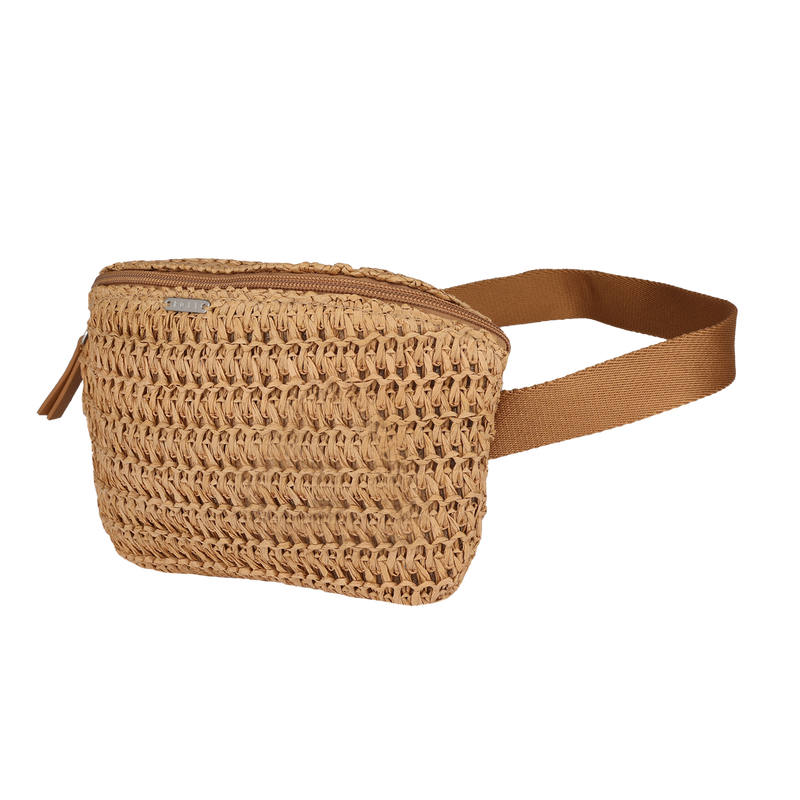 The Roxy Spotless Sunnies Fanny Pack features a woven straw design, brown adjustable strap, and zipper closure for a stylish hands-free way to carry essentials. Shown against a plain white background.