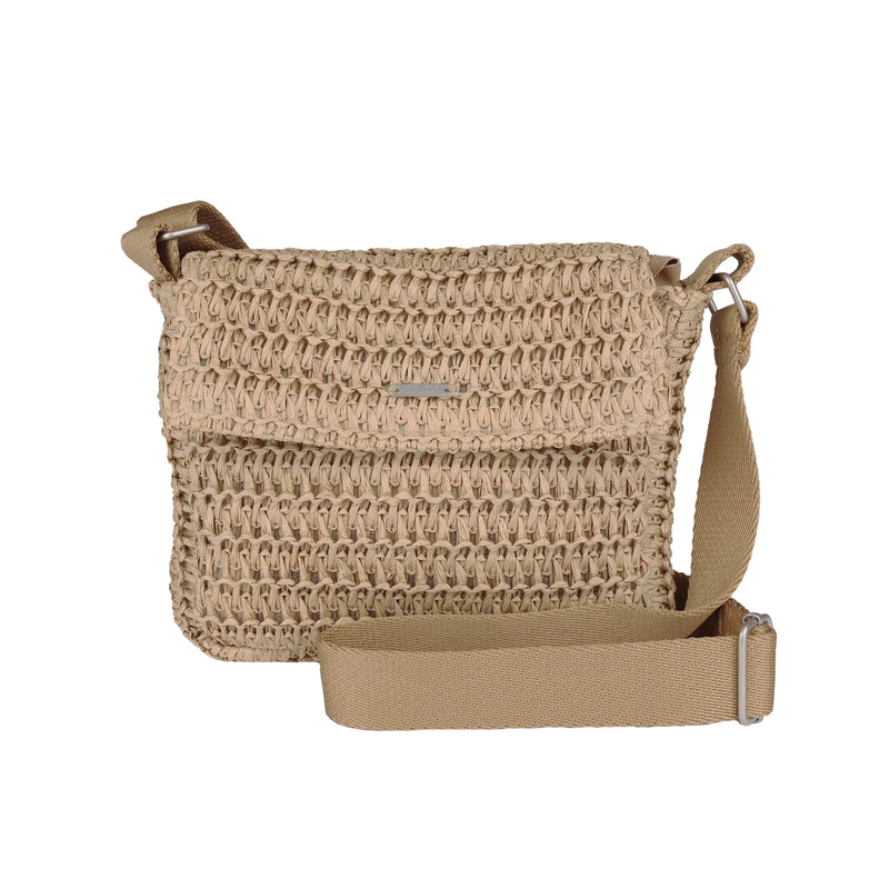 The Roxy Spotless Sunnies Crossbody Bag showcases a beige, crochet-style woven texture with a matching adjustable strap, set against a white background.