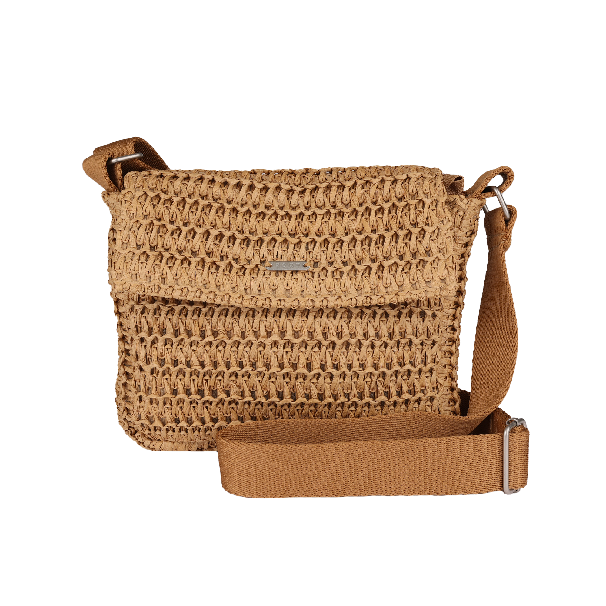 The Roxy Spotless Sunnies Crossbody Bag in tan showcases a woven design with a flapover closure and adjustable strap, set against a plain white background.