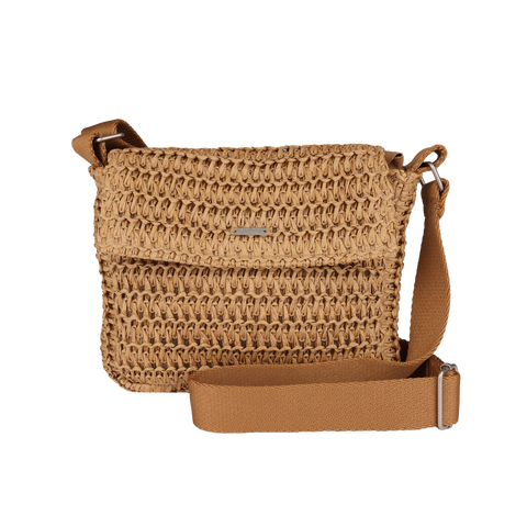 The Roxy Spotless Sunnies Crossbody Bag in tan showcases a woven design with a flapover closure and adjustable strap, set against a plain white background.