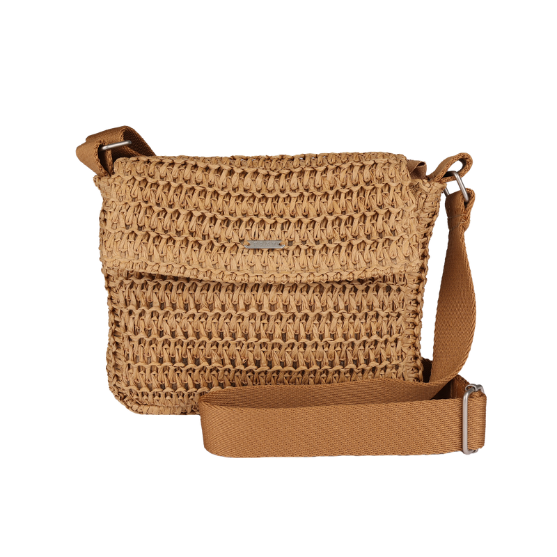 The Roxy Spotless Sunnies Crossbody Bag in tan showcases a woven design with a flapover closure and adjustable strap, set against a plain white background.