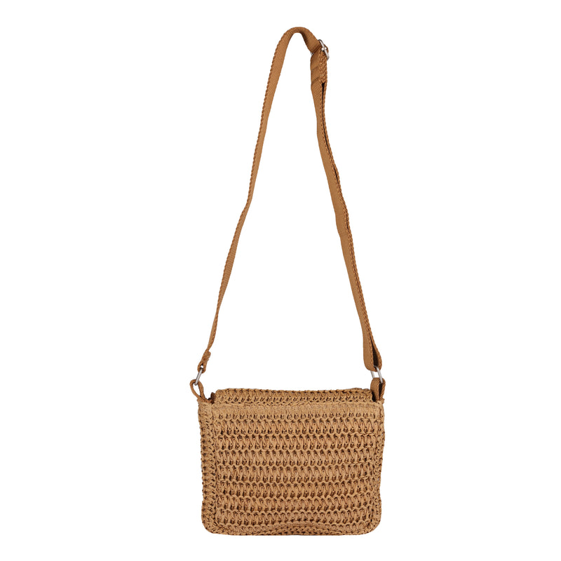 The Roxy Spotless Sunnies Crossbody Bag features a textured, mesh-inspired weave and a rectangular design. Shown on a white background, it comes with an adjustable strap for personalized comfort.