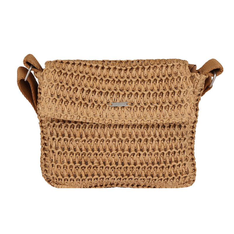 The Roxy Spotless Sunnies Crossbody Bag features a tan woven design with a flapover closure and adjustable strap, shown against a white background.