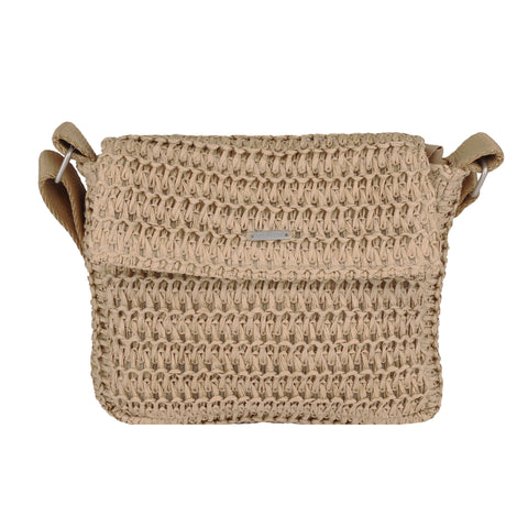 The Roxy Spotless Sunnies Crossbody Bag is a beige bag with a flapover closure, adjustable strap, and a crochet-inspired textured design.