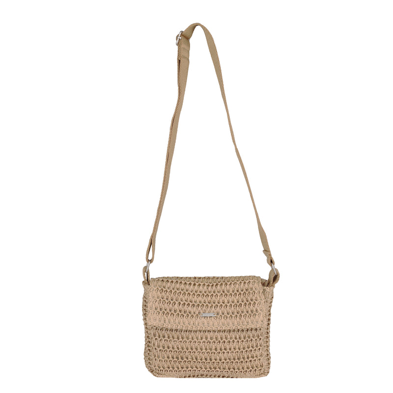 Spotless Sunnies Crossbody Bag by Roxy in beige, featuring a woven design, adjustable strap, and front flap closure, shown on a plain white background.