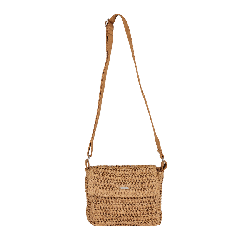 The Roxy Spotless Sunnies Crossbody Bag is a tan woven bag with a long adjustable strap and a secure flapover closure, displayed against a white background.