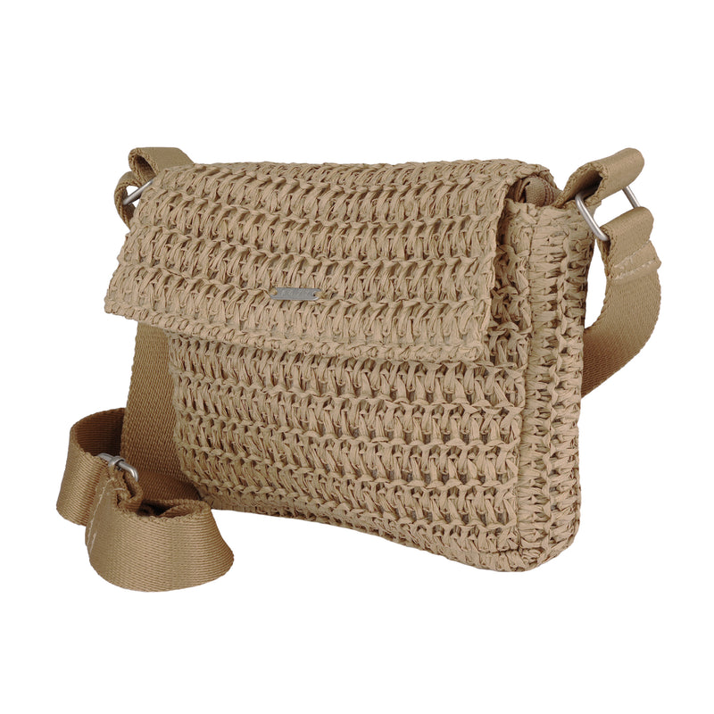 The Roxy Spotless Sunnies Crossbody Bag is beige with a woven, braided texture, flap closure, adjustable strap, and a small metallic accent on the front.