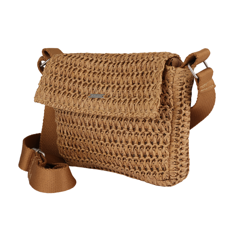 The Roxy Spotless Sunnies Crossbody Bag features a woven design, flapover closure, adjustable strap, and brown fabric detail, shown against a white background.