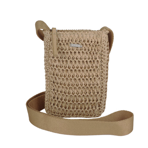The Roxy Spotless Sunnies Phone Bag is a small beige crossbody with a wide matching strap, zipper closure, textured front, and metallic brand label—blending chic woven style with everyday convenience.