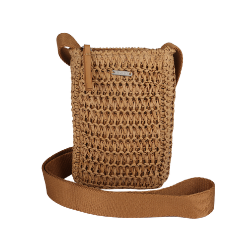The Roxy Spotless Sunnies Phone Bag is a small, rectangular crossbody with a tan fabric strap, zipper closure, and textured open-weave design. A metal brand label on the front adds a stylish touch.