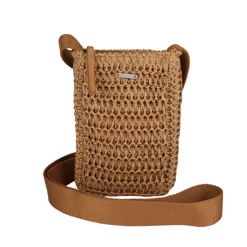 The Roxy Spotless Sunnies Phone Bag is a small, rectangular crossbody with a tan fabric strap, zipper closure, and textured open-weave design. A metal brand label on the front adds a stylish touch.