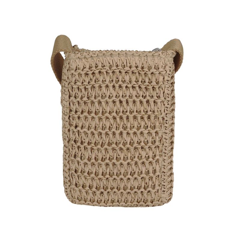 The Roxy Spotless Sunnies Phone Bag is a rectangular beige crossbody crafted from woven straw with a wide matching shoulder strap, shown against a white background.