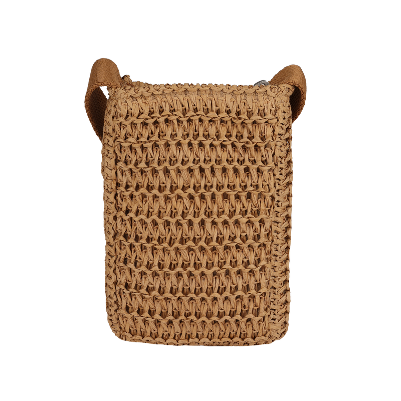 Rectangular Spotless Sunnies Phone Bag by Roxy, crafted from woven straw with a textured pattern and single strap, displayed against a plain white background.