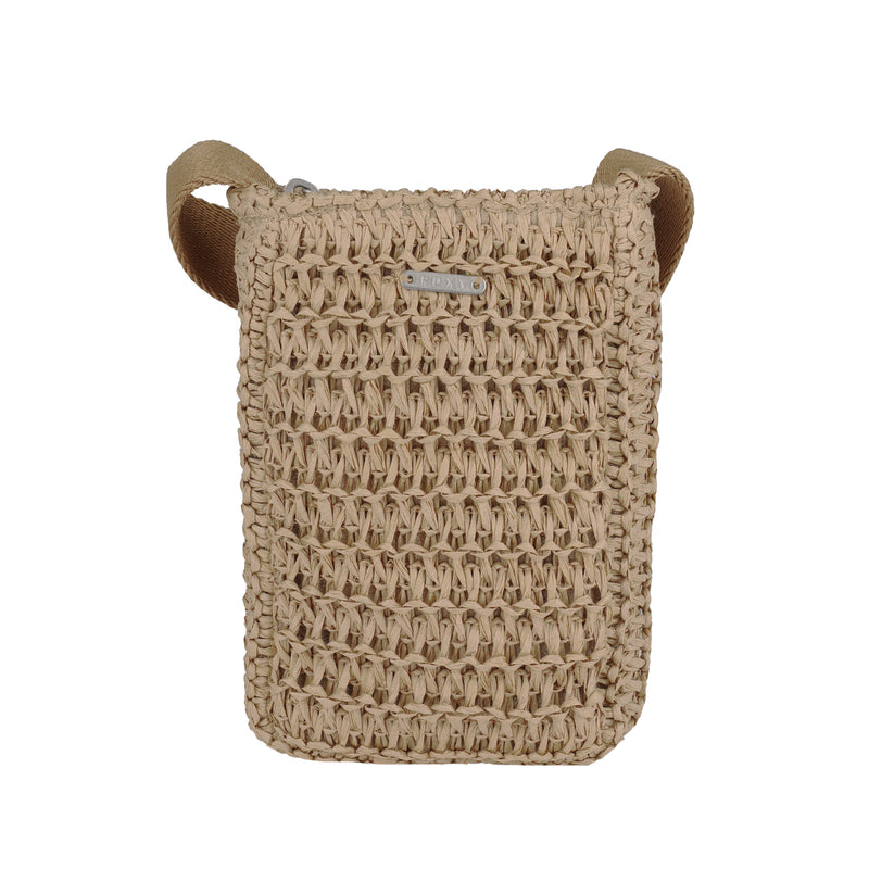 The Roxy Spotless Sunnies Phone Bag is a small rectangular beige crossbody with a textured pattern and tan adjustable strap, shown against a white background.