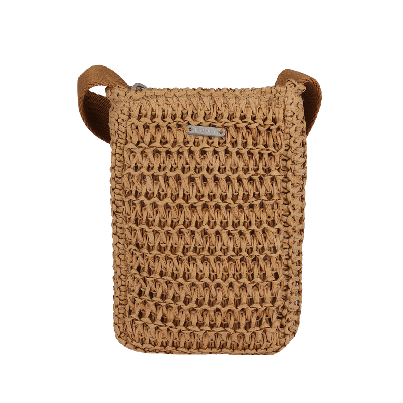 The Roxy Spotless Sunnies Phone Bag is a small, rectangular tan crossbody with a wide brown strap and front metal label, shown on a plain white background.