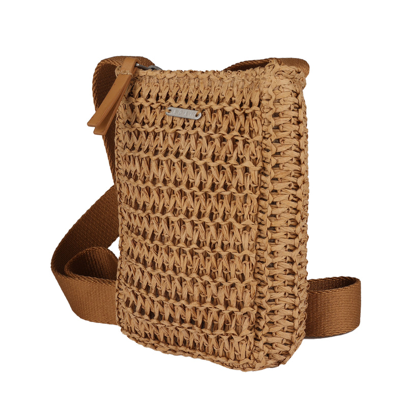 The Roxy Spotless Sunnies Phone Bag is a small crossbody with a woven straw texture, wide brown strap, rectangular shape, and top zipper—perfect for stylishly carrying your essentials.