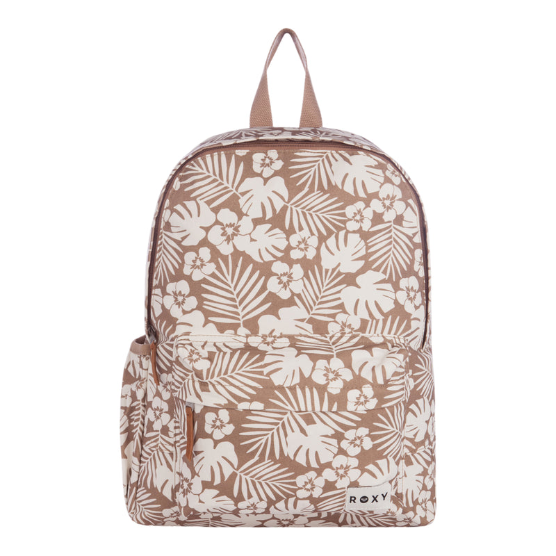 A brown Roxy Sugar Baby Canvas Backpack featuring white tropical leaf and flower patterns, a front zipper pocket, side pocket, and a top handle.