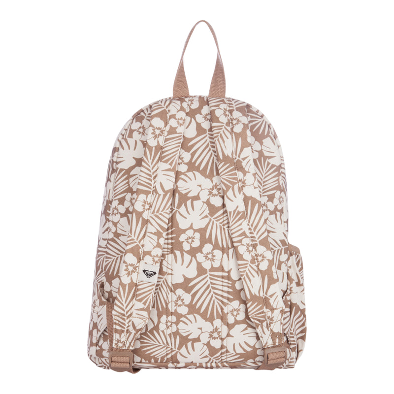 The Roxy Sugar Baby Canvas Backpack is shown from the back, featuring a beige and white tropical floral and leaf pattern with two padded, adjustable straps.