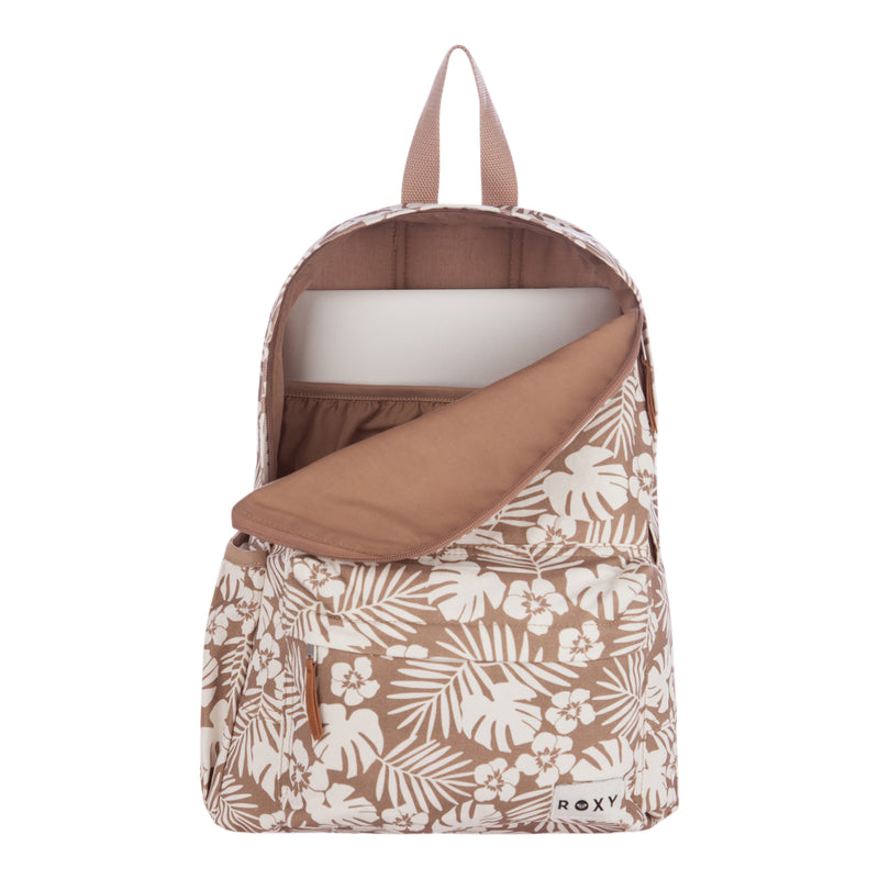 A tan and white floral Sugar Baby Canvas Backpack by Roxy with an open main compartment showing a laptop inside, and a front zip pocket.