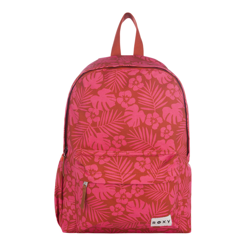 The Sugar Baby Canvas Backpack by Roxy, featuring a red and pink floral pattern, a front zipper pocket, side pocket, and top handle, is displayed against a white background.