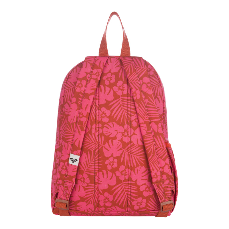 The Sugar Baby Canvas Backpack by Roxy features a tropical floral pattern in pink and red, designed with two adjustable shoulder straps and a convenient top handle.