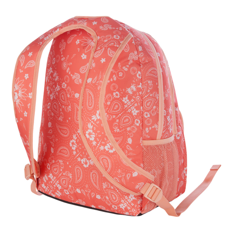 The Roxy Shadow Swell Backpack is featured in pink with light peach straps and a white floral and paisley pattern. Shown angled from the back, the bag also includes a convenient side mesh pocket.