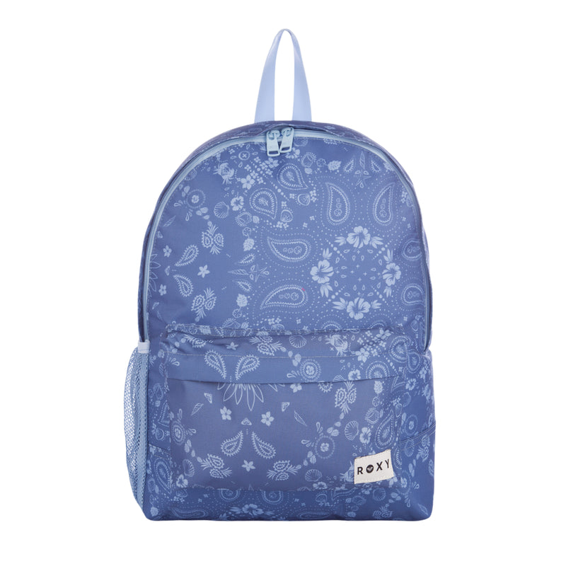 The Roxy Sugar Baby Bottle Backpack features a blue paisley pattern, a front pocket, a mesh side pocket, a light blue zipper, and a Roxy logo patch on the front.
