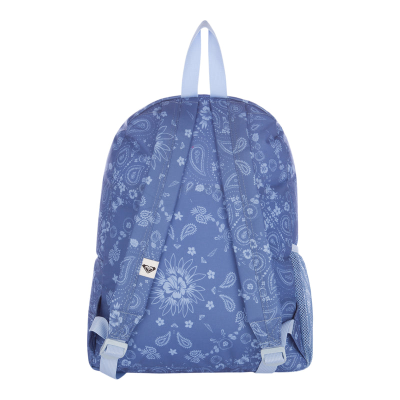 The Roxy Sugar Baby Bottle Backpack is shown from the back in light blue, featuring a paisley and floral pattern, padded shoulder straps, and a top handle.