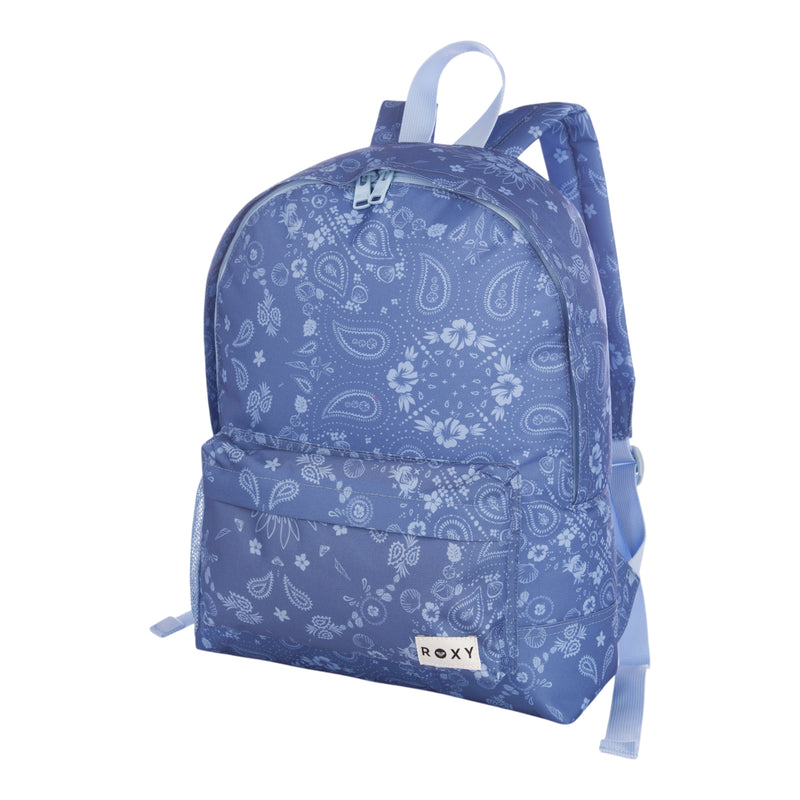 Roxy Sugar Baby Bottle Backpack in light blue featuring a white paisley and floral pattern, front zippered pocket, adjustable straps, top handle, and a white ROXY patch on the lower right corner.