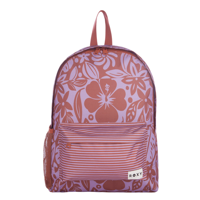 The Sugar Baby Bottle Backpack by Roxy is designed with a floral pattern in shades of pink and purple, featuring a striped front pocket, a mesh side pocket, and a small white ROXY label at the bottom right.