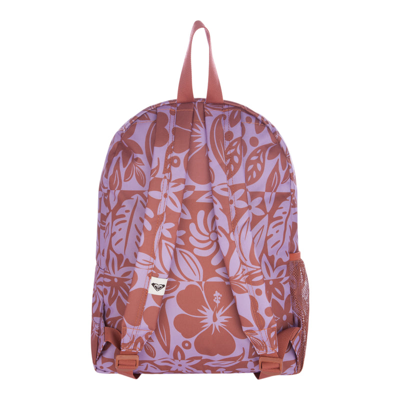 Back view of the Roxy Sugar Baby Bottle Backpack in a mauve and lavender floral pattern, featuring adjustable straps, a top handle, and a small white Roxy logo tag near the bottom right strap.