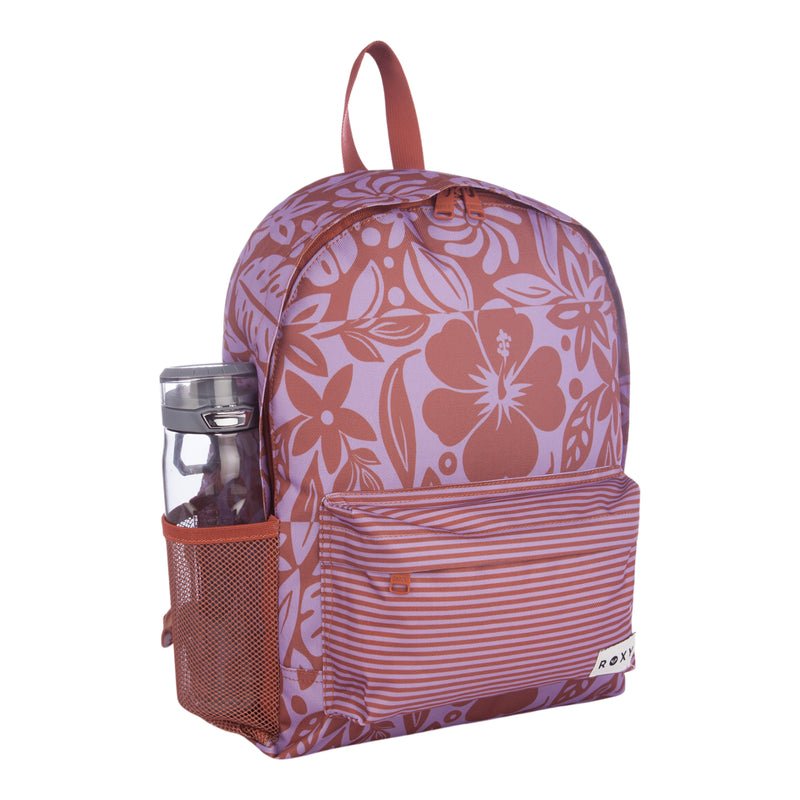 The Roxy Sugar Baby Bottle Backpack features a vibrant purple and orange floral pattern, a striped front pocket, a mesh side pocket with a reusable water bottle, and is finished with a small Roxy label on the front.