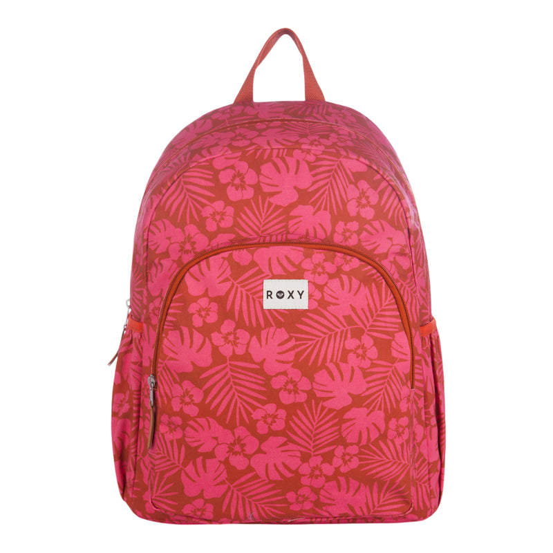 The Roxy Moon Magic Backpack features a floral and leaf pattern in varying shades of pink, complemented by a front zipper pocket and a top handle.