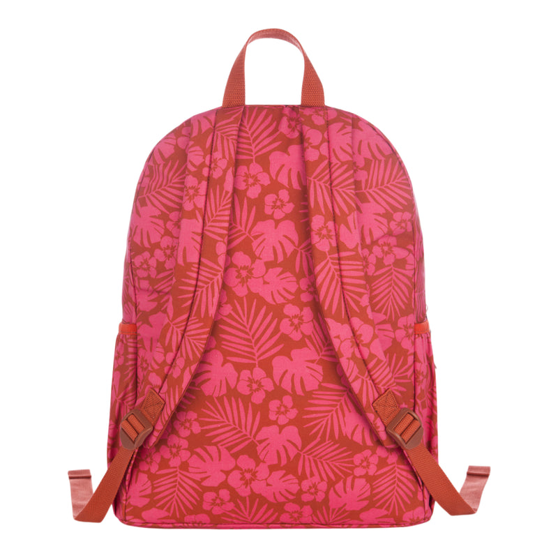 The Roxy Moon Magic Backpack features a vibrant red color, adjustable orange straps, and a floral pattern in shades of red and pink.