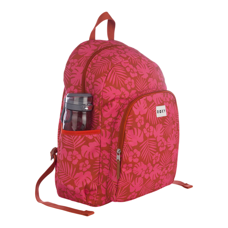 Introducing the Moon Magic Backpack by Roxy, featuring a pink and red floral pattern, a convenient front zip pocket with the Roxy brand label, a side pocket for your water bottle, and comfortable red straps.