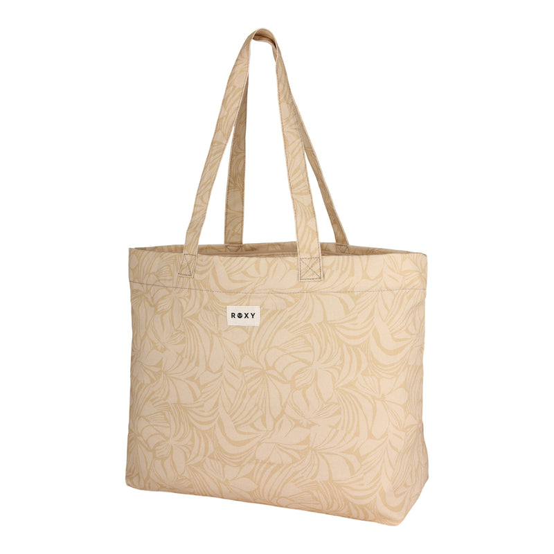 The eco-friendly Sweeter Than Honey Tote Bag by ROXY features a beige recycled cotton design with subtle leaf patterns, two handles, and a small white ROXY label on the front.
