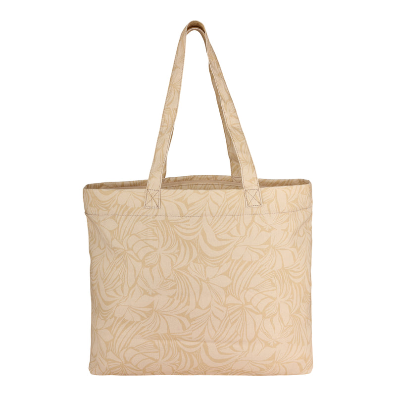 Introducing the Sweeter Than Honey Tote Bag by ROXY—a beige recycled cotton tote featuring two handles and adorned with a delicate, light floral pattern. Eco-friendly and stylish, this tote stands upright on a white background, making it an ideal choice for anyone who values both fashion and sustainability.