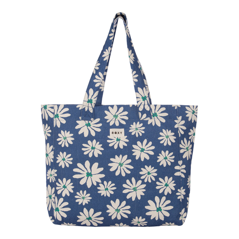 The Roxy Anti Bad Vibes Tote Bag in the “Flower Soul” color features charming white daisy patterns with green centers, two sturdy handles, and a small white ROXY label on the front. Crafted from recycled cotton, this stylish bag offers an eco-friendly touch.