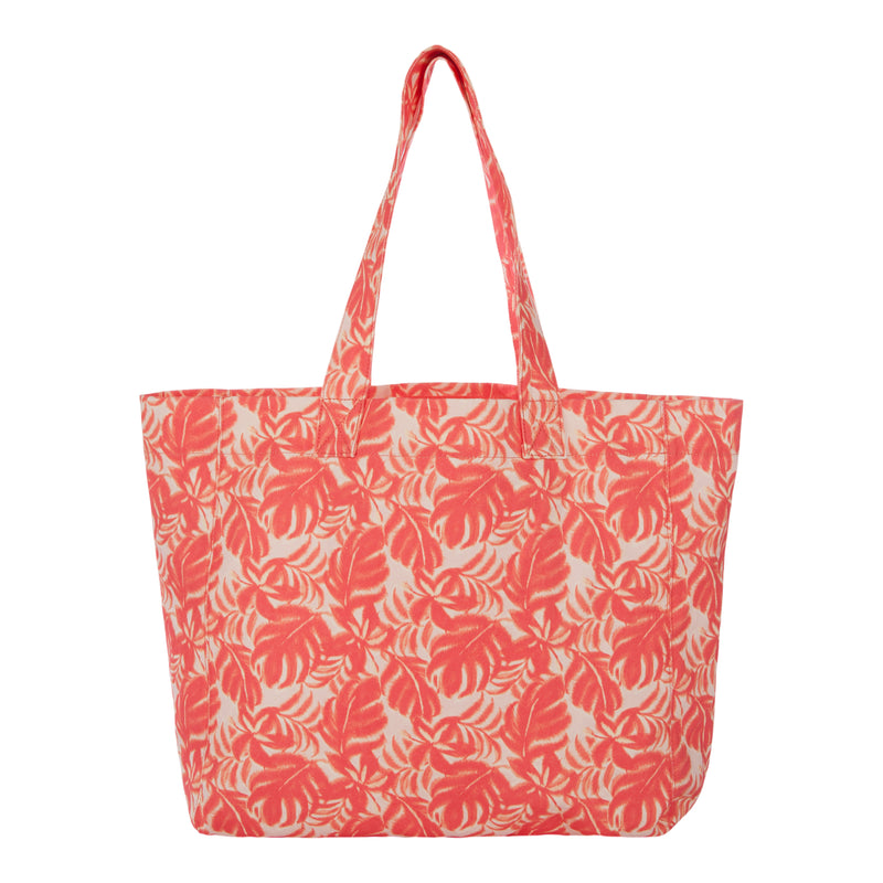 The Roxy Anti Bad Vibes Tote Bag features a coral and cream leafy tropical pattern, two handles, and a roomy rectangular shape. Crafted from recycled cotton, this stylish tote offers an eco-friendly touch.