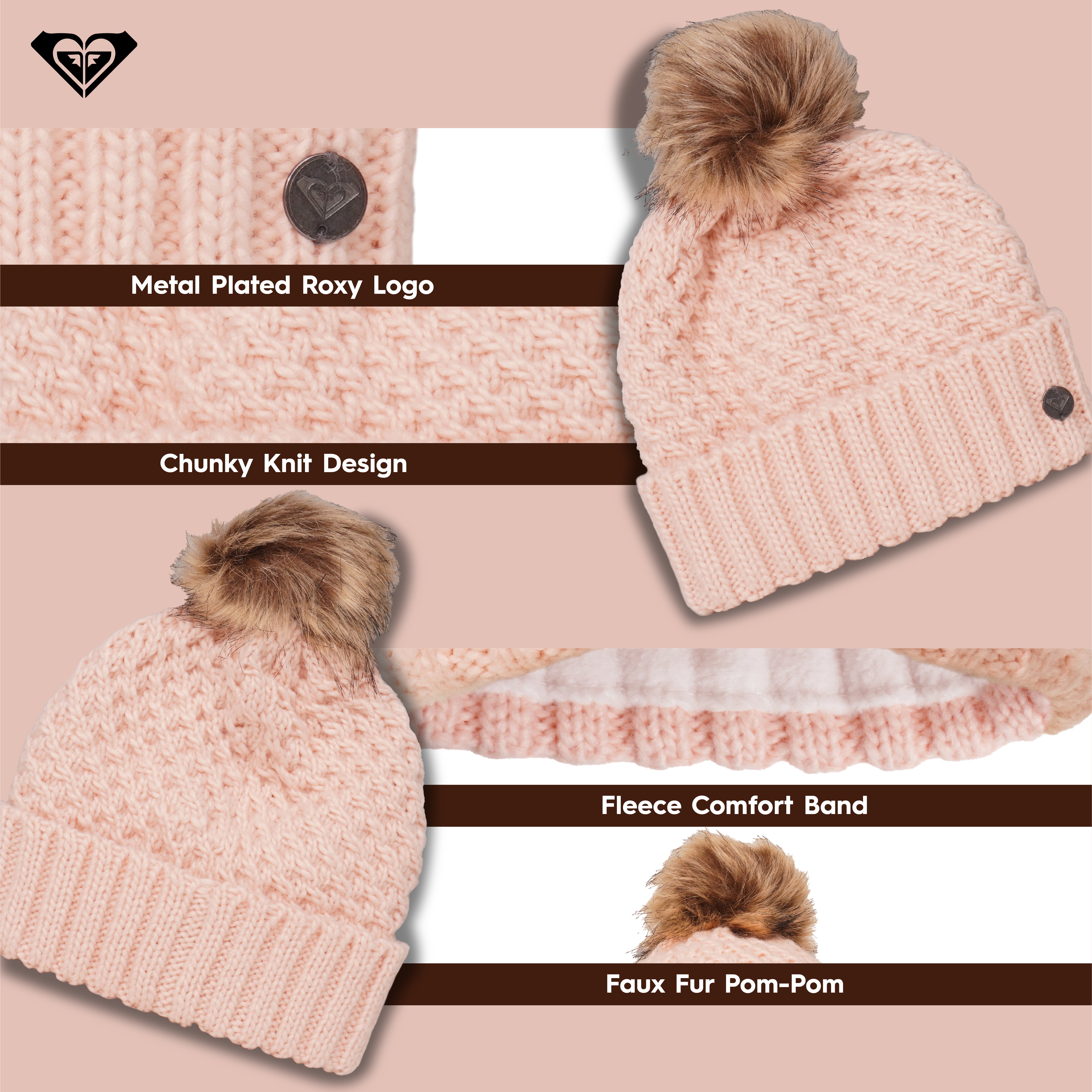Roxy Women\'s Tonic Beanie Hat Egret White Pom Fleece Lined Band NWT NEW Mongolian Fluffy Furry Gray Faux Fur Luxury‎ Ear  main image 3