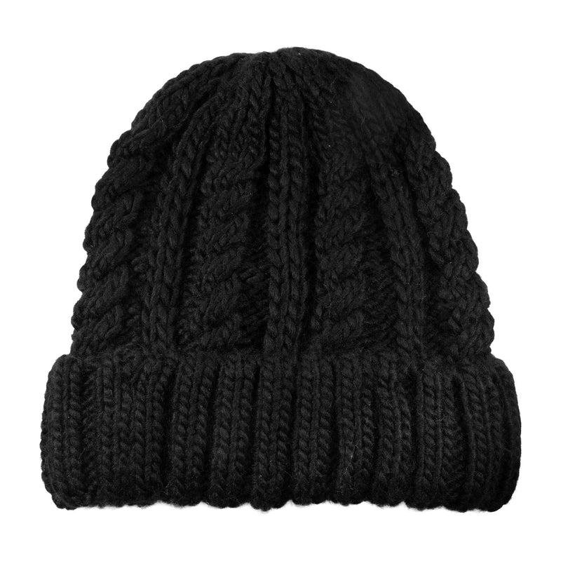 The Roxy Tram Beanie is a black cable knit beanie featuring a thick, ribbed cuff and a cozy polar fleece-lined interior, shown on a white background—ideal for women who want warmth and style.