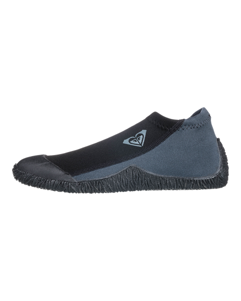 The Roxy 1mm Prologue Round Toe Reef Boot is a black and dark gray water shoe with a neoprene upper, textured rubber sole, and small side logo, shown on a white background.