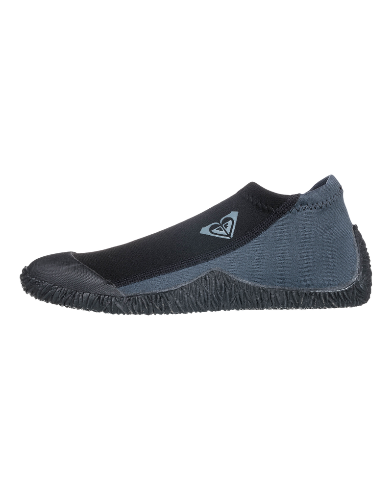 The Roxy 1mm Prologue Round Toe Reef Boot is a black and dark gray water shoe with a neoprene upper, textured rubber sole, and small side logo, shown on a white background.